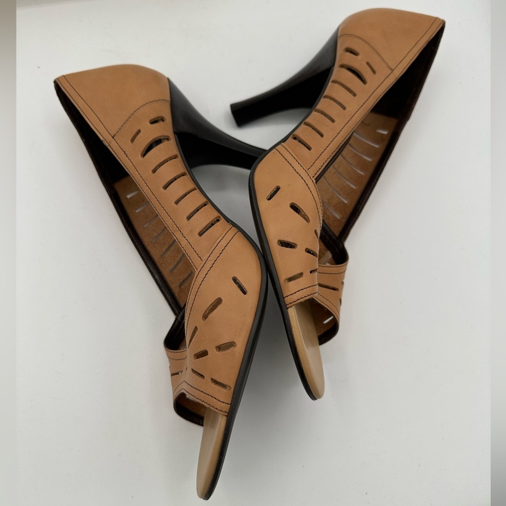 FRANCO SARTO Tan Cutout Leather Peep Toe Heels | Size 10 - Picture 7 of 11